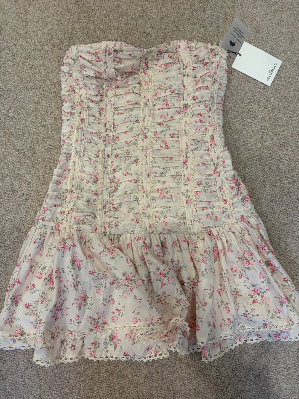 Hello Molly Pink Floral Cream Strapless Ruffled Sundress